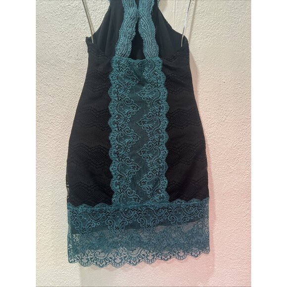 FREE PEOPLE ~X Small ~ Teal & Black Lace NATASHA Bodycon High Neck Dress - Picture 7 of 16
